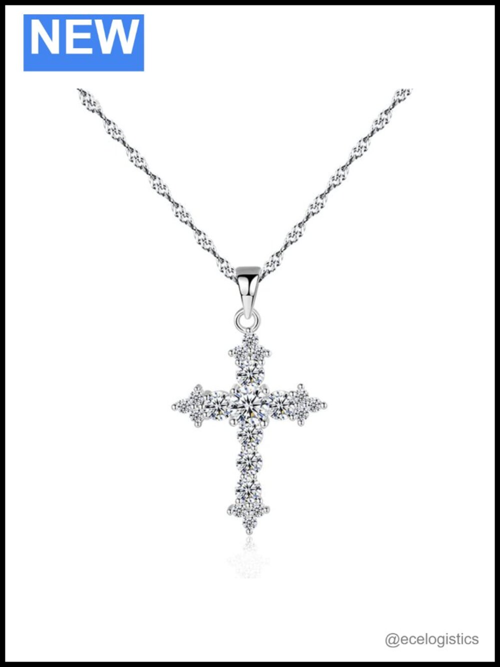 14K White Gold Moissanite Cross Pendant Necklace, Dainty Handmade Chain
